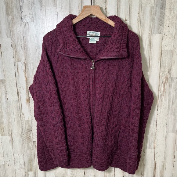 Aran Crafts Ireland Merino Wool Purple Fisherman Knit Zip Cardigan Sweater XL - Picture 1 of 5